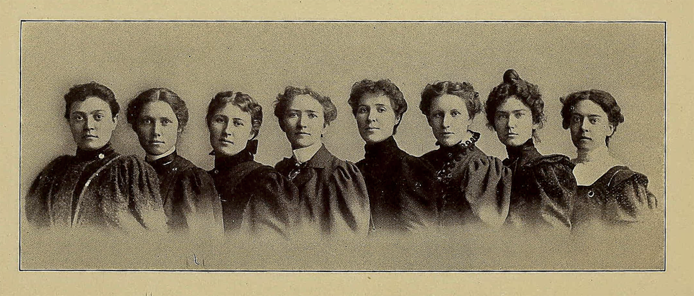 Image of Minnie Evangeline Jordan (4th from left) and classmates from University of California School of Dentistry Yearbook 1903