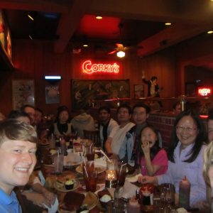 Lab members having dinner in a restaurant
