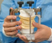 A dental student holding a dental model