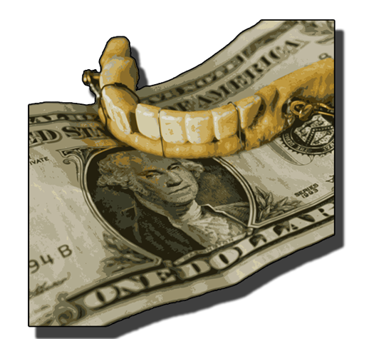 George Washington's denture on top of a dollar bill