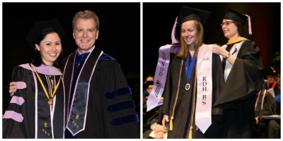 (L to R): DDS Summa Cum Laude honoree Allegra Lichauco, with Dean Mark Reynolds, DDS '86, PhD, and DH Summa Cum Laude honoree Sabrina LeBon, with MaryAnn Schneiderman, RDH, MS, clinical assistant professor.