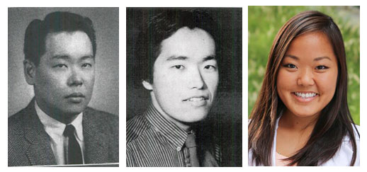 Photos of Alan Miyamoto '62, Michael Miyamoto '87, and Courtney Miyamoto '18.