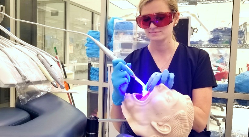 A dental student studies operative dentistry in UMSOD's simulation lab