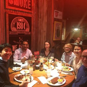 Lab members having dinner in a restaurant