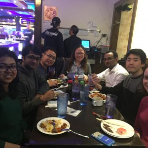 Lab members having dinner in a restaurant