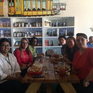 Lab members having dinner at a restaurant