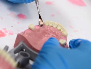 A student working on a set of practice teeth